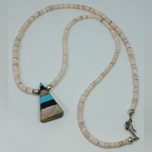 * vintage Navajo heishi oyster shell & stone inlay necklace 21"